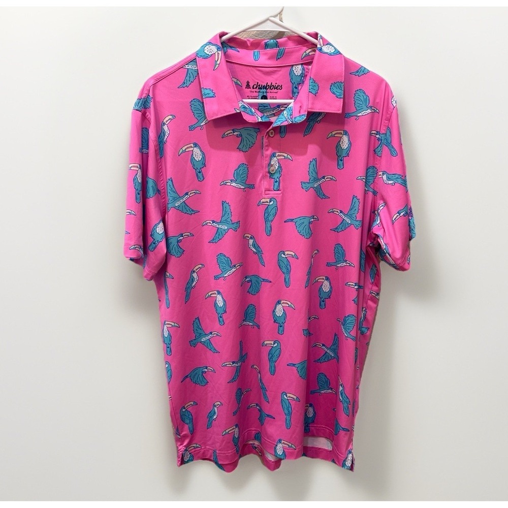 Chubbies Mens The Toucan Do It Performance 2.0 Golf Polo Shirt L Pink Novelty
